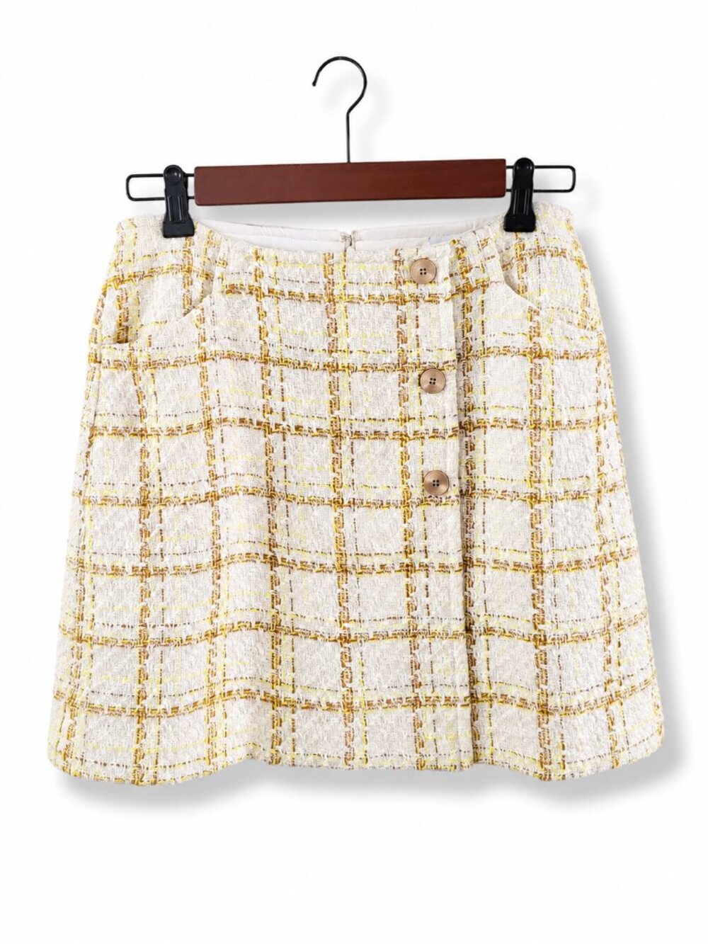 Cabi Academia Old Money Chic Cream & Yellow Tweed Button-Front Mini Skirt NWOT 8